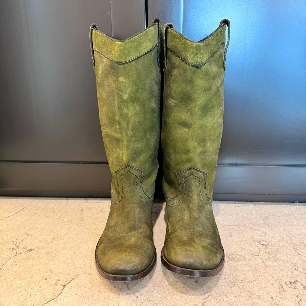 Frye Olive Suede Western Heeled Boots